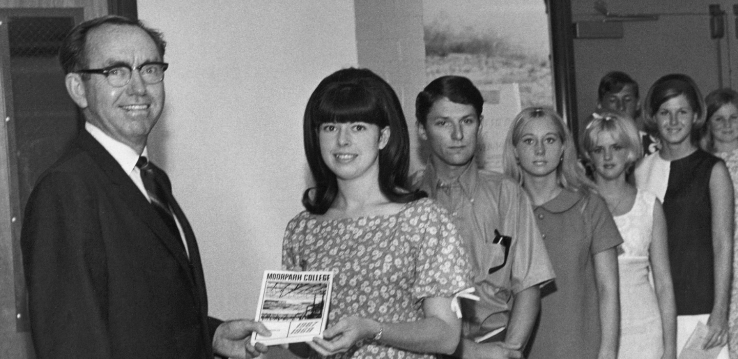 Black and white vintage image of MC students from the 60's